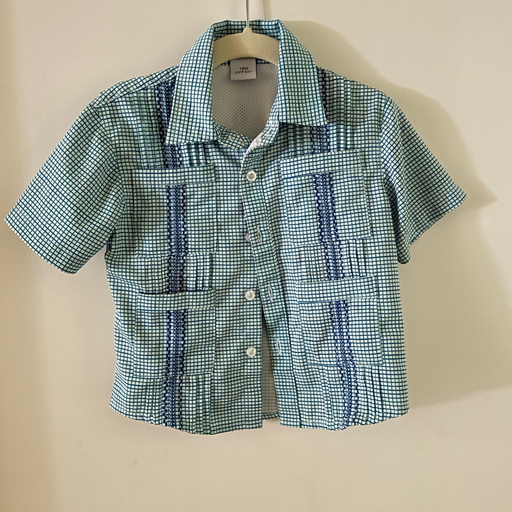 Blue and green embroidered Blue Quail Guayabera